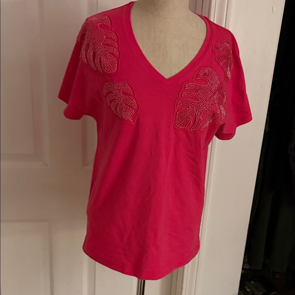 Chico's Vibrant Pink Embellished V-Neck Top